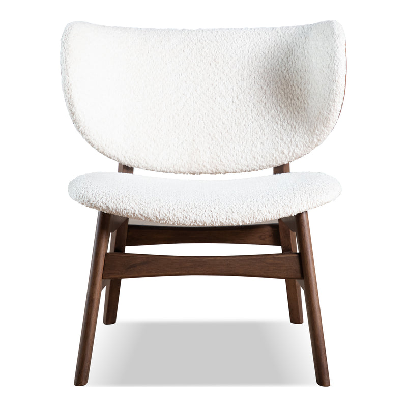 Front facing mid-century modern walnut and ivory boucle wingback accent chair on a white background
