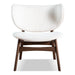 Front facing mid-century modern walnut and ivory boucle wingback accent chair on a white background