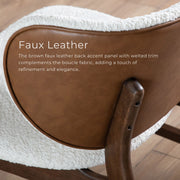 Informational image of the faux leather on a mid-century modern walnut and ivory boucle wingback accent chair
