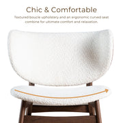 Informational image of the style and comfort of a mid-century modern walnut and ivory boucle wingback accent chair