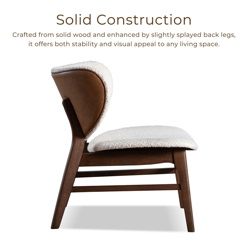 Informational image of the solid construction of a mid-century modern walnut and ivory boucle wingback accent chair