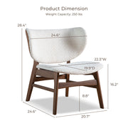 Informational image of the product dimensions of a mid-century modern walnut and ivory boucle wingback accent chair
