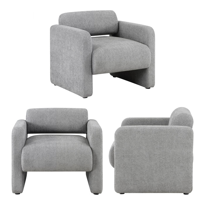 Three-view composite image of a contemporary gray boucle upholstered accent armchair on a white background