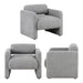 Three-view composite image of a contemporary gray boucle upholstered accent armchair on a white background