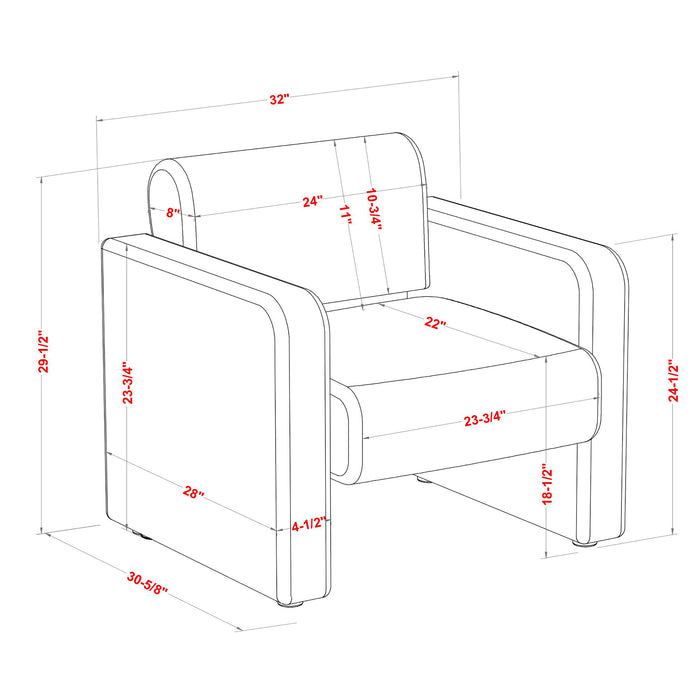 Informational schematic drawing of the product dimensions of a contemporary gray boucle upholstered accent armchair 