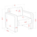 Informational schematic drawing of the product dimensions of a contemporary gray boucle upholstered accent armchair 