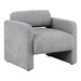 Right facing contemporary gray boucle upholstered accent armchair on a white background