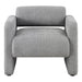 Front facing contemporary gray boucle upholstered accent armchair on a white background