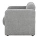 Front facing contemporary gray boucle upholstered accent armchair on a white background