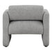 Front facing side view of a contemporary gray boucle upholstered accent armchair on a white background