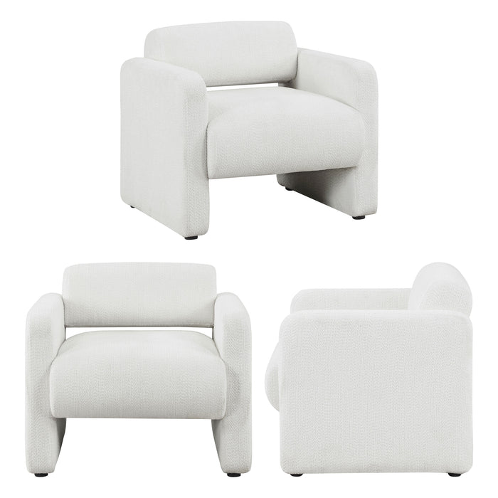 Three-view composite image of a contemporary white boucle upholstered accent armchair on a white background