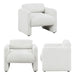 Three-view composite image of a contemporary white boucle upholstered accent armchair on a white background