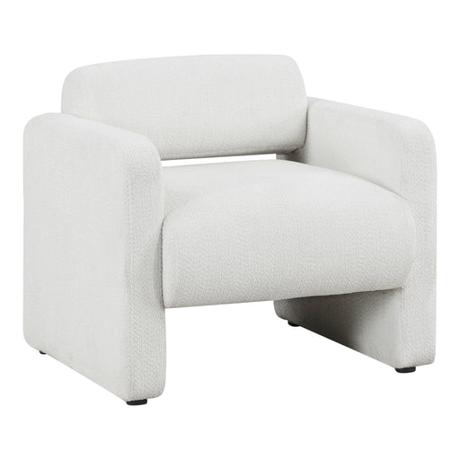 Right facing contemporary white boucle upholstered accent armchair on a white background