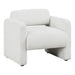 Right facing contemporary white boucle upholstered accent armchair on a white background