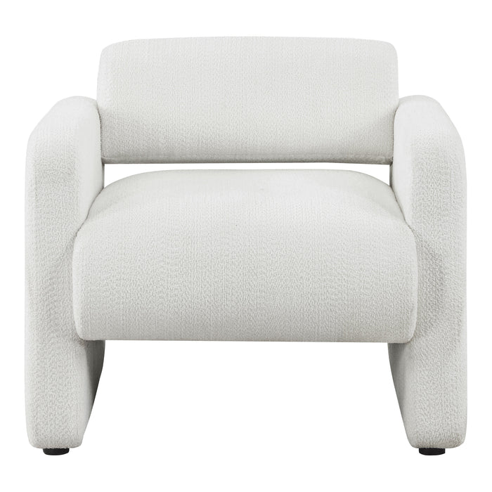 Front facing contemporary white boucle upholstered accent armchair on a white background