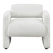 Front facing contemporary white boucle upholstered accent armchair on a white background