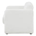 Front facing side view of a contemporary white boucle upholstered accent armchair on a white background