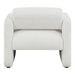 Front facing back view of a contemporary white boucle upholstered accent armchair on a white background