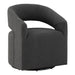 Right facing contemporary charcoal grey boucle 360-degree swivel accent chair on a white background
