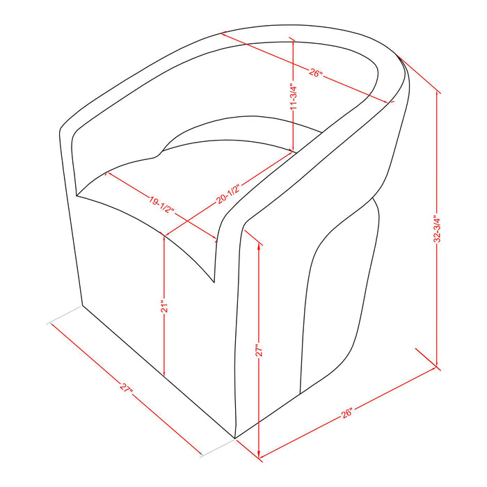 Informational schematic drawing of the dimensions of a contemporary charcoal grey boucle 360-degree swivel accent chair 