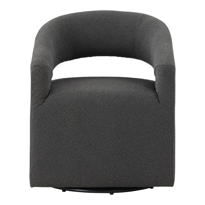 Front facing contemporary charcoal grey boucle 360-degree swivel accent chair on a white background