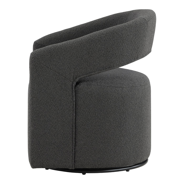 Front facing side view of a contemporary charcoal grey boucle 360-degree swivel accent chair on a white background