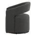 Front facing side view of a contemporary charcoal grey boucle 360-degree swivel accent chair on a white background