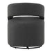 Front facing back view of a contemporary charcoal grey boucle 360-degree swivel accent chair on a white background