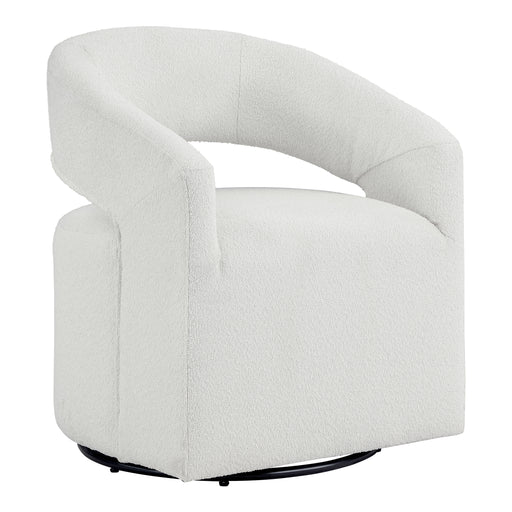 Right facing contemporary white boucle 360-degree swivel accent chair on a white background