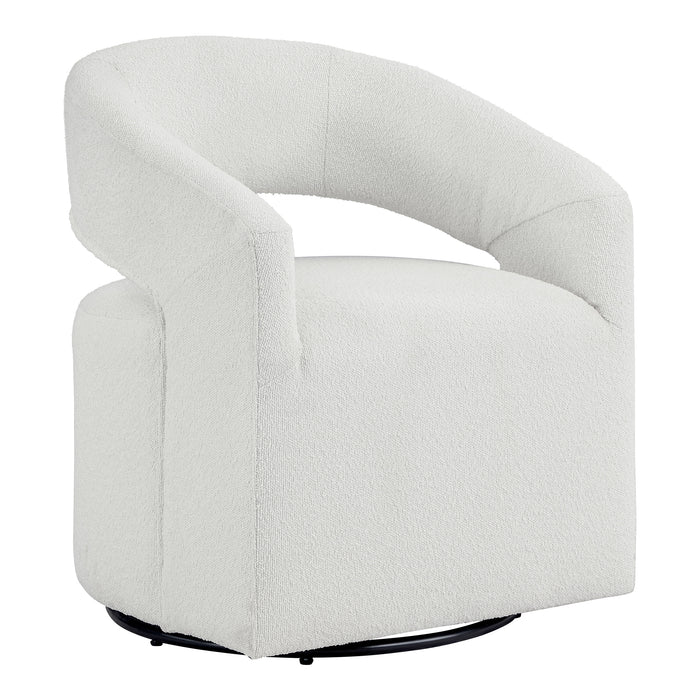 Right facing contemporary white boucle 360-degree swivel accent chair on a white background