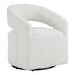 Right facing contemporary white boucle 360-degree swivel accent chair on a white background