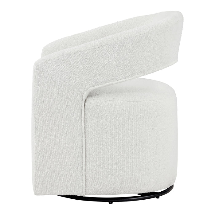 Front facing side view of a contemporary white boucle 360-degree swivel accent chair on a white background