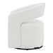 Front facing side view of a contemporary white boucle 360-degree swivel accent chair on a white background