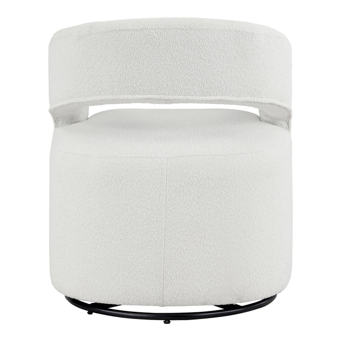 Front facing back view of a contemporary white boucle 360-degree swivel accent chair on a white background