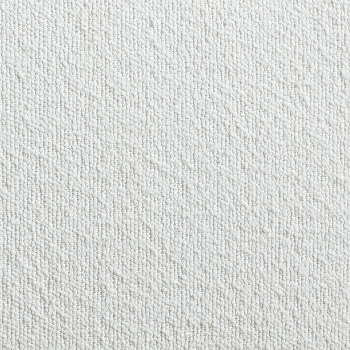Swatch of the upholstery fabric of a contemporary white boucle 360-degree swivel accent chair