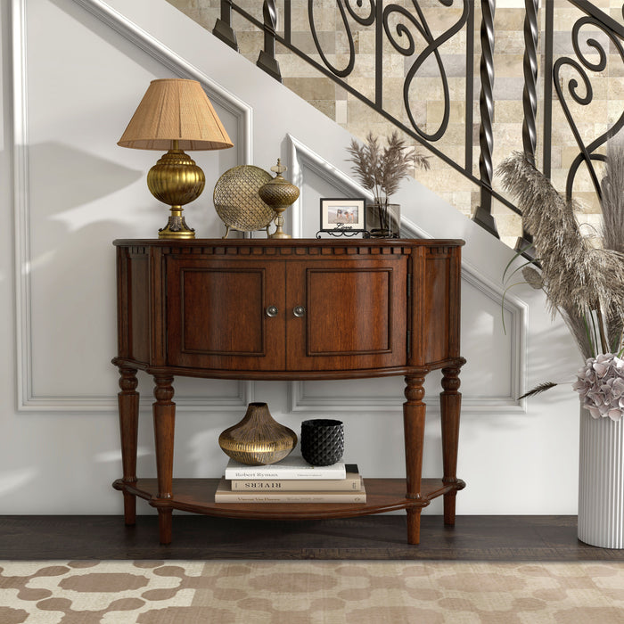 Front-facing Lofton traditional brown cherry console table in a living room with accessories