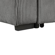 Close-up leg detail of a chenille reversible sectional with storage chaise on a white background