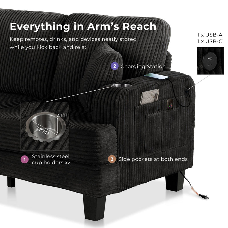 Xenia Modern Chenille Sofa with Cup Holders and USB Ports