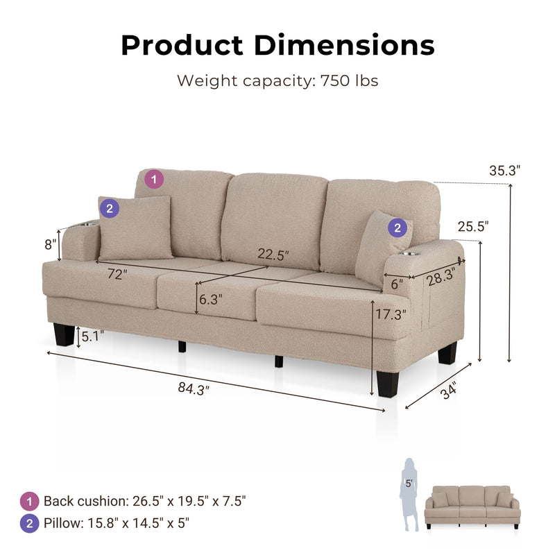 Xenia Modern Boucle Sofa with Cup Holders and USB Ports
