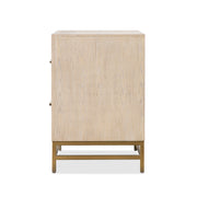 Front facing side view of a transitional light oak two-drawer nightstand with a metal base on a white background