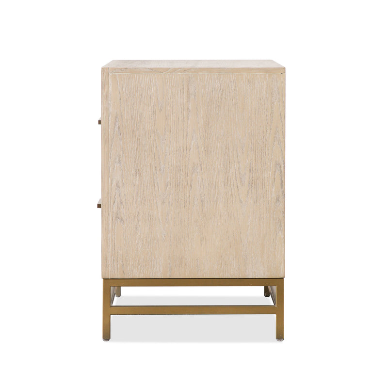 Front facing side view of a transitional light oak two-drawer nightstand with a metal base on a white background
