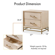 Informational image of a transitional light oak two-drawer nightstand overlaid with product dimensions, on a white background