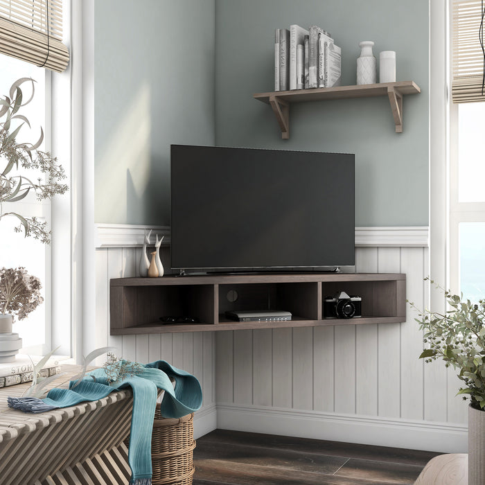 Right facing contemporary walnut oak floating wall mount media console in a room with accessories