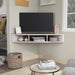 Front facing contemporary white oak floating wall mount media console in a room with accessories