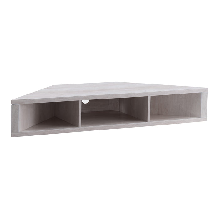 Right facing contemporary white oak floating wall mount media console on a white background