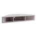 Right facing contemporary white oak floating wall mount media console on a white background