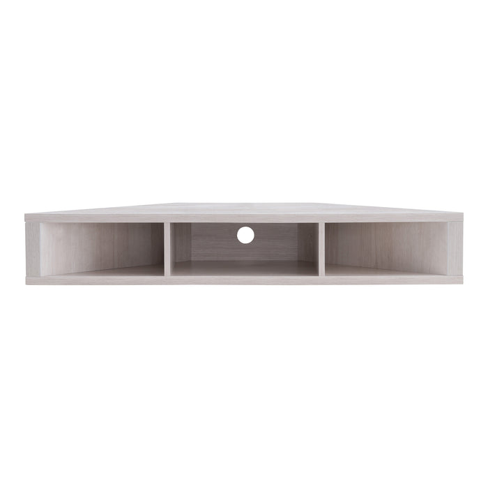 Front facing contemporary white oak floating wall mount media console on a white background