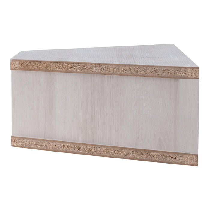 Front facing side view of a contemporary white oak floating wall mount media console on a white background