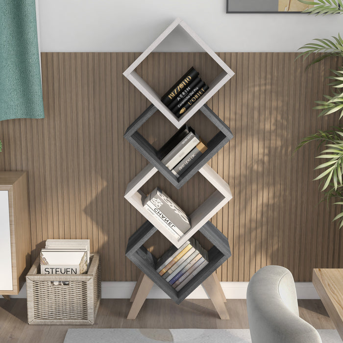 Front-facing modern four-cube stacked bookcase in white oak and distressed gray with books