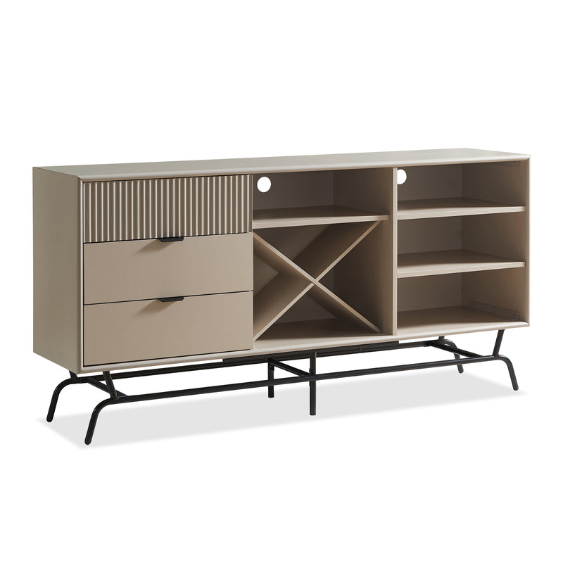 Right facing contemporary three-drawer light taupe and black buffet with a wine rack on a white background